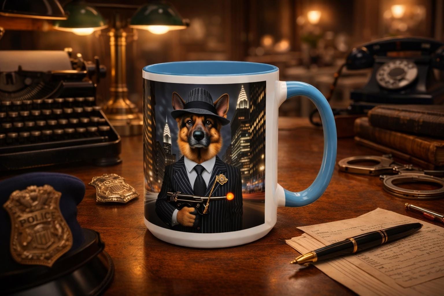 German Shepherd Gangster Accent Mug – 1920s Mob Dog Coffee Cup – Funny Dog Lover Gift