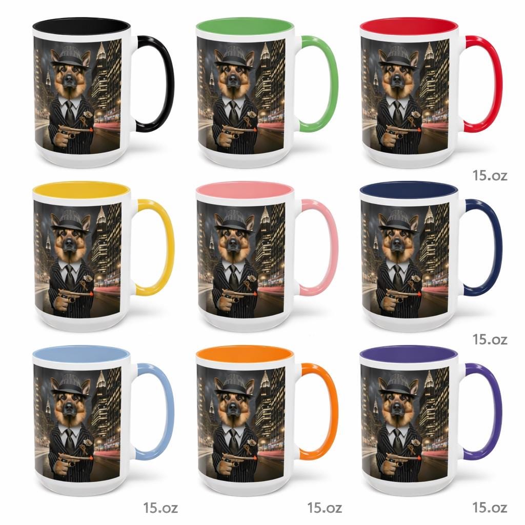 German Shepherd Gangster Accent Mug – 1920s Mob Dog Coffee Cup – Funny Dog Lover Gift
