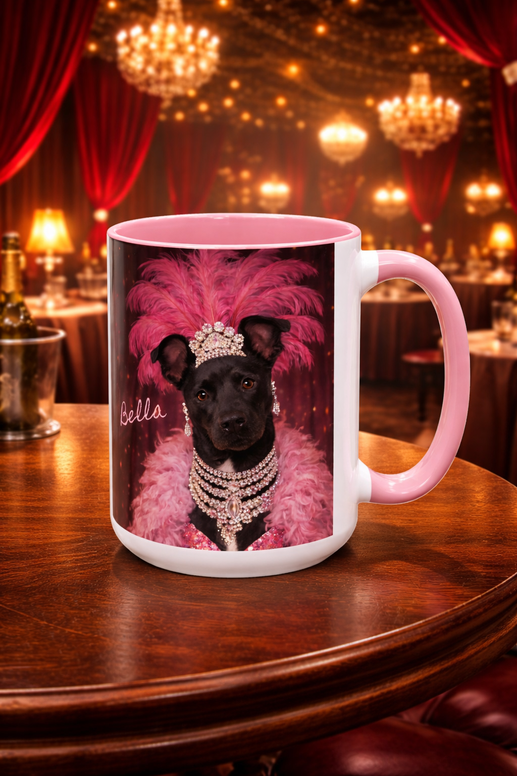 Bella the Showgirl Coffee Mug — Vintage Mob Dog Stage Design