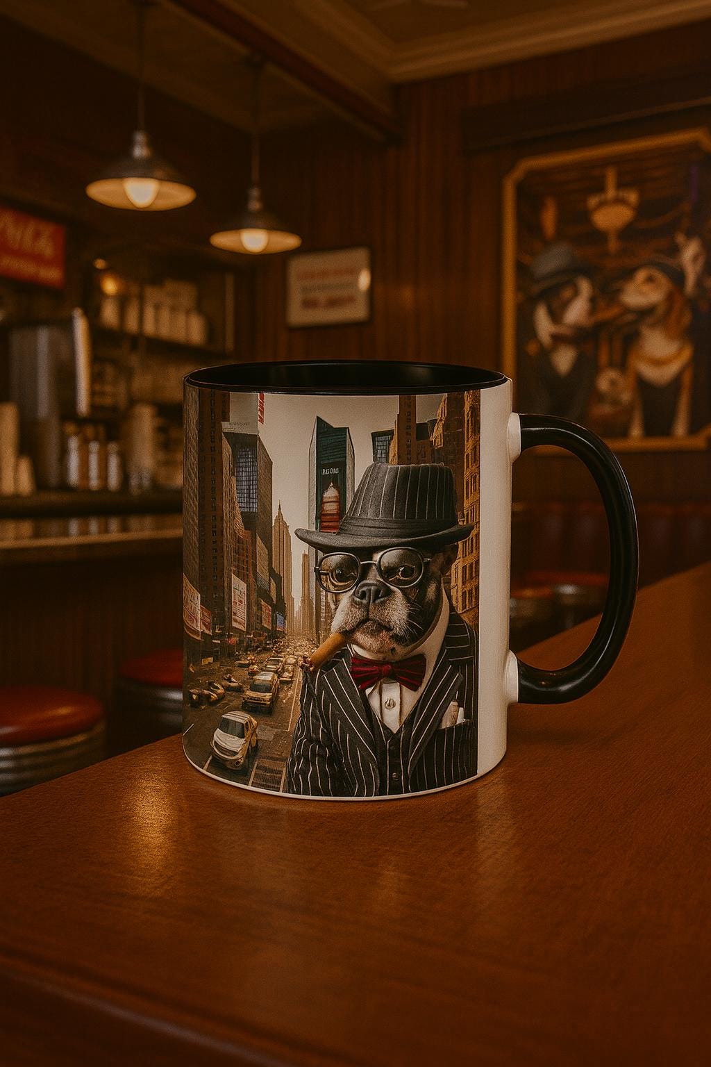 French Bulldog Ceramic Coffee Mug – 1920s Pinstripe Suit Cup, Gangster Dog Owner Gift