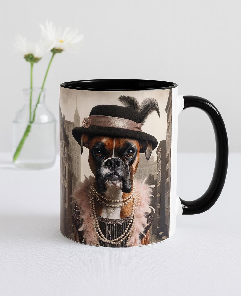 Boxer Dog Mug, Funny Flapper Gangster Costume, Novelty Tea Cup