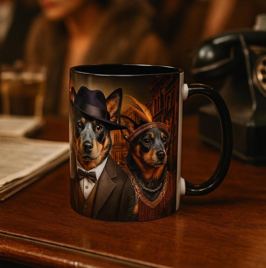 Flapper & Gangster Dog Mug – 1920s Speakeasy Duo | Vintage Australian Cattle Dog Gift