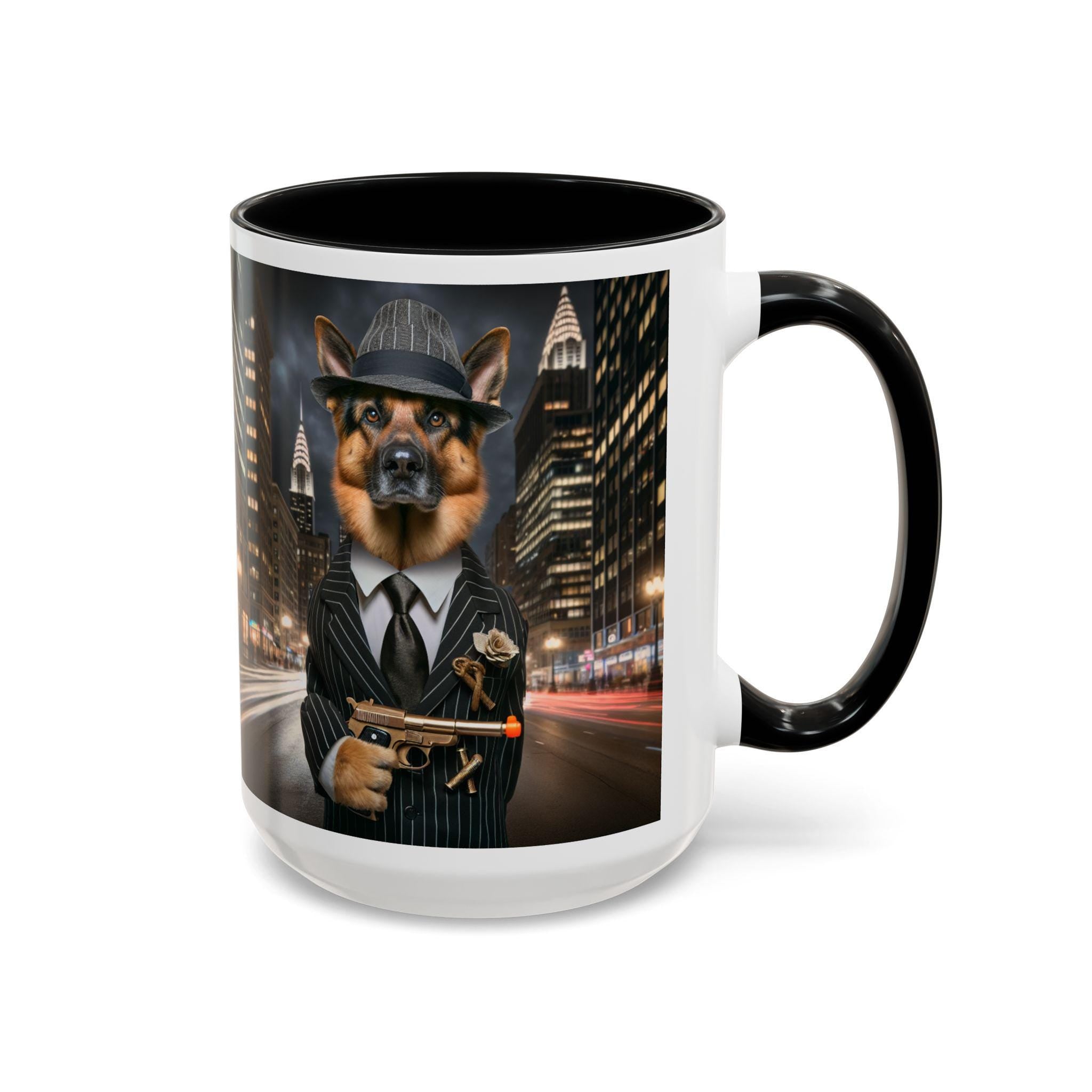 German Shepherd Gangster Accent Mug – 1920s Mob Dog Coffee Cup – Funny Dog Lover Gift