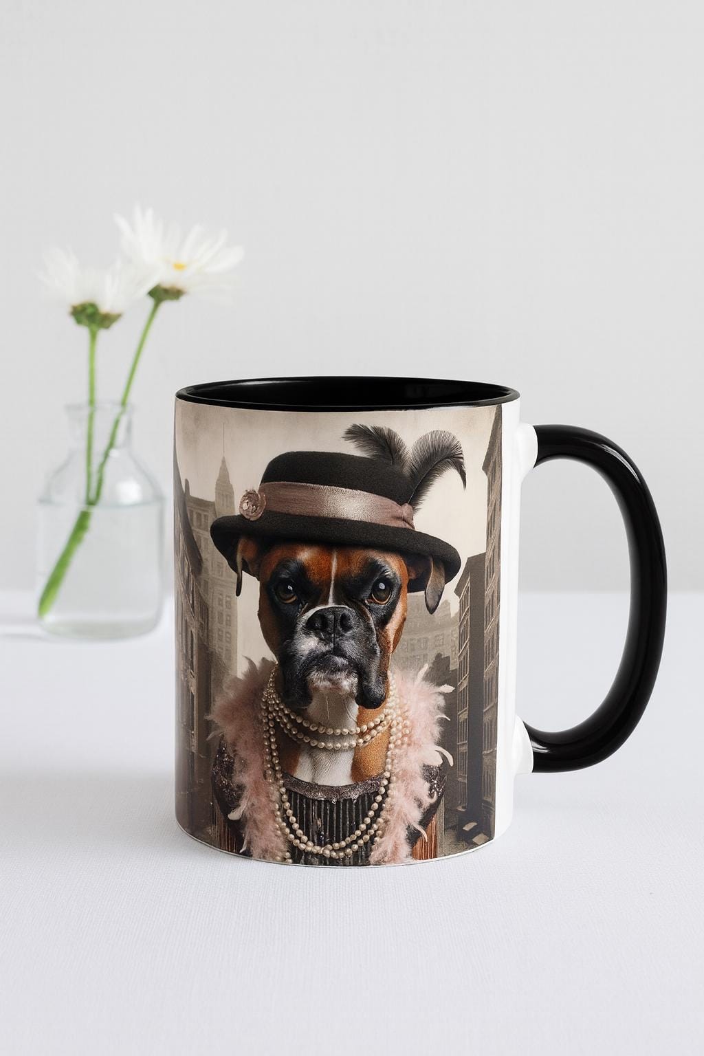 Boxer Dog Mug, Funny Flapper Gangster Costume, Novelty Tea Cup