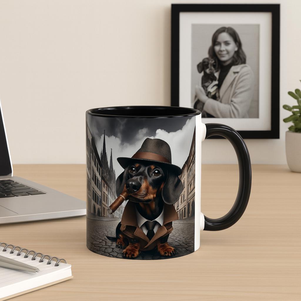 Detective Dachshund Mug – 1920s Noir Dog in Trench Coat & Fedora | Retro Mystery Gift