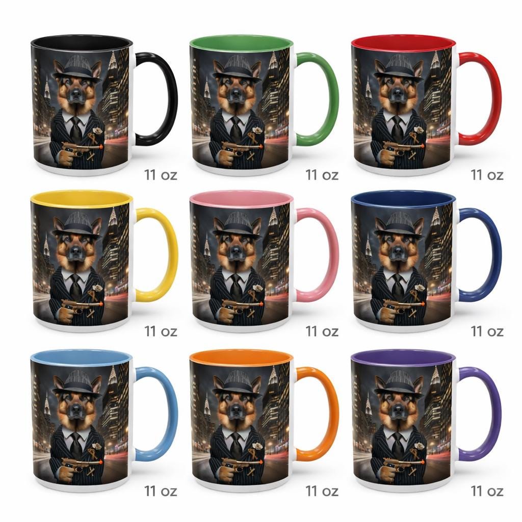 German Shepherd Gangster Accent Mug – 1920s Mob Dog Coffee Cup – Funny Dog Lover Gift