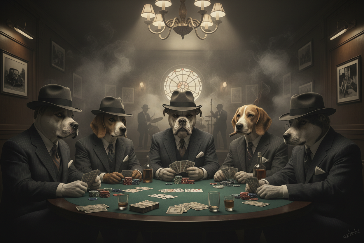 Dogs dresssed as gangsters of 1920's playing poker