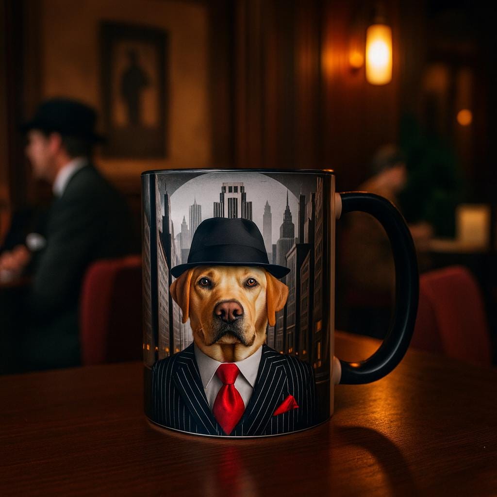 Labrador Gangster Mug – 1920s Noir Dog in Pinstripe Suit | Speakeasy Gift for Dog Lovers