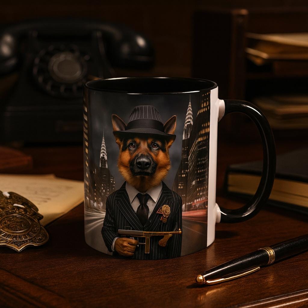 German Shepherd Gangster Accent Mug – 1920s Mob Dog Coffee Cup – Funny Dog Lover Gift